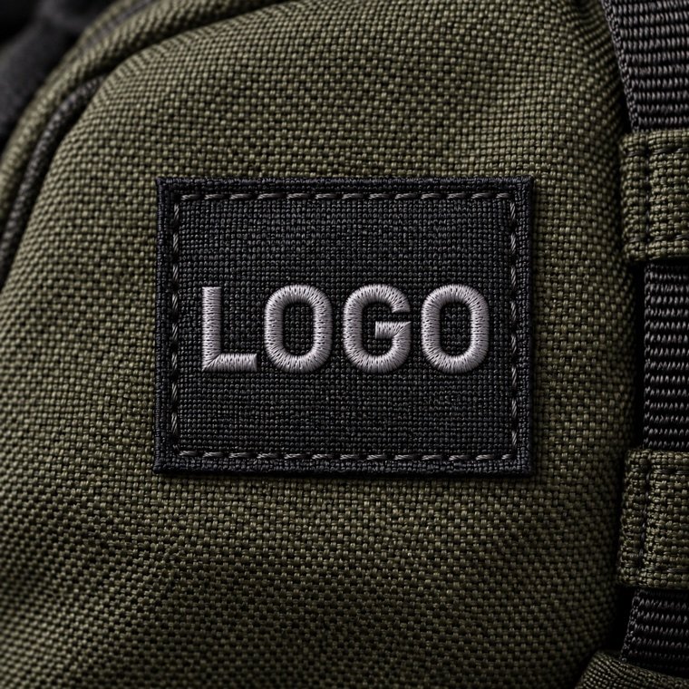 Close-up reference for a custom woven label