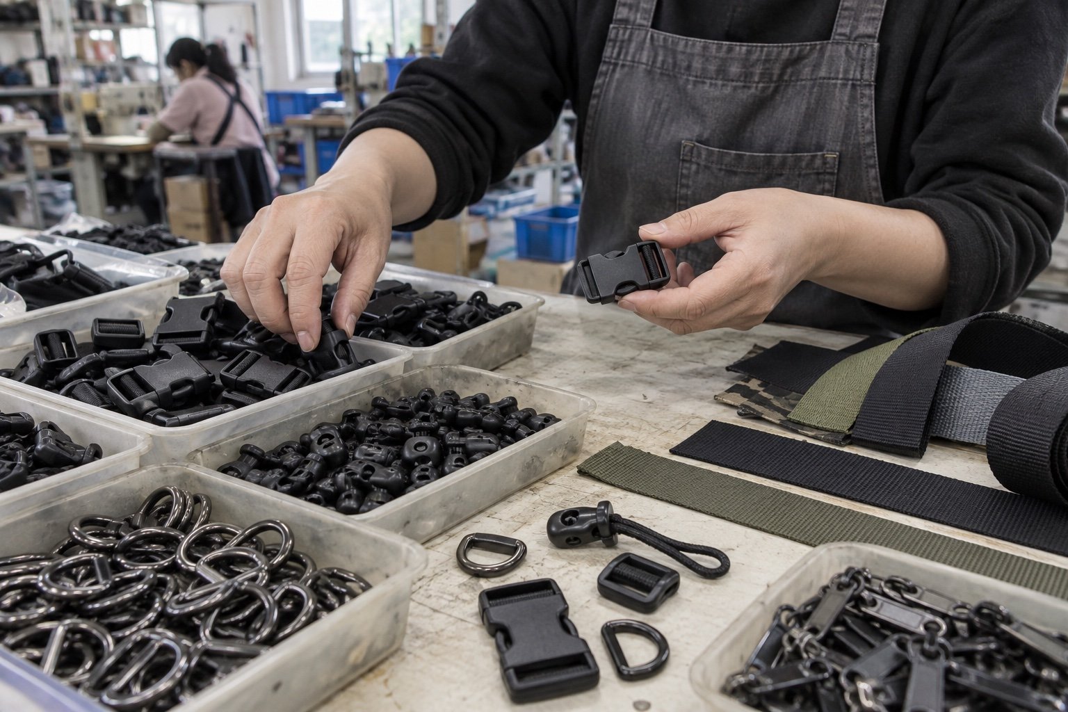 Worker selecting buckles and bag components in a factory materials room