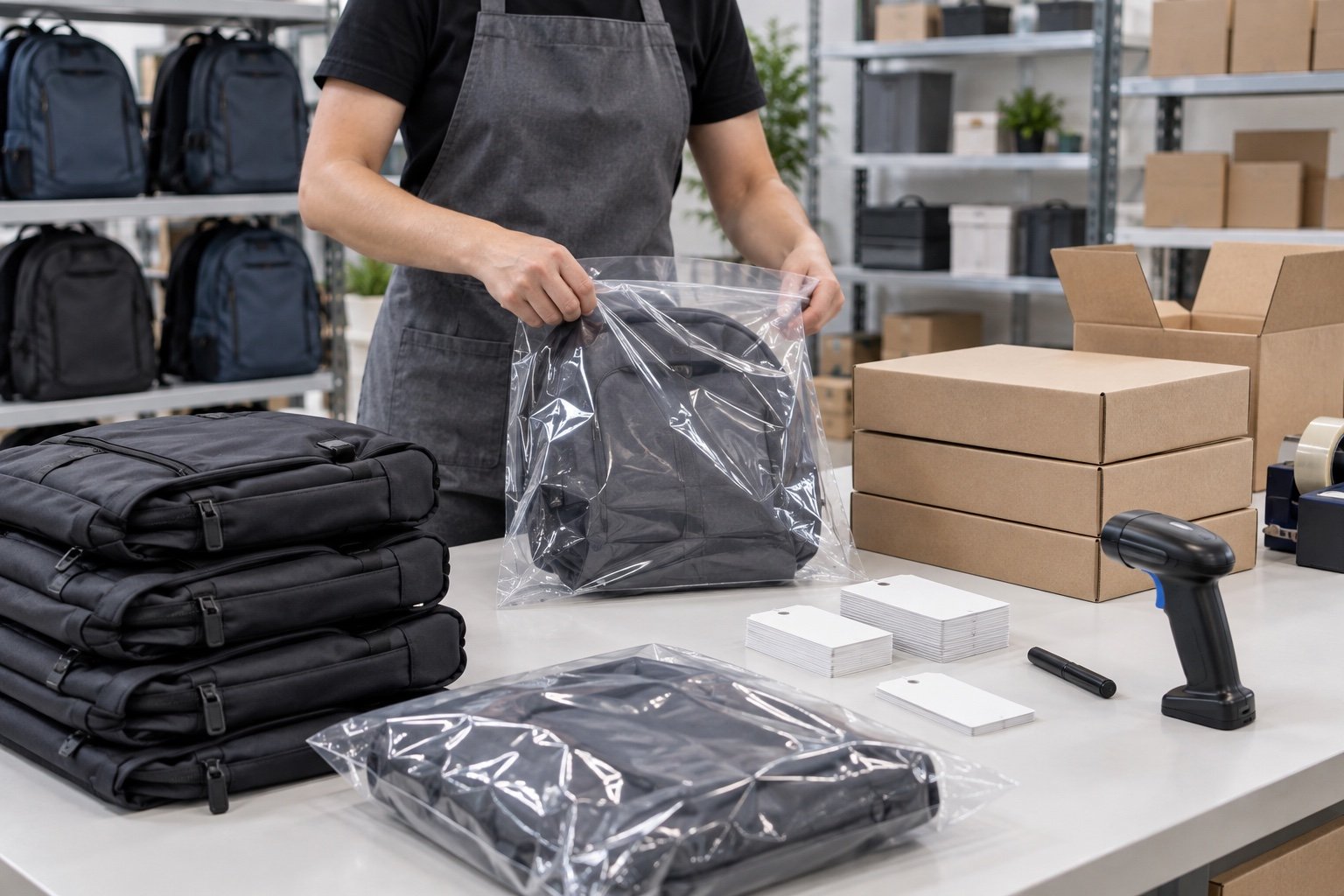 Backpacks being packed for e-commerce fulfillment