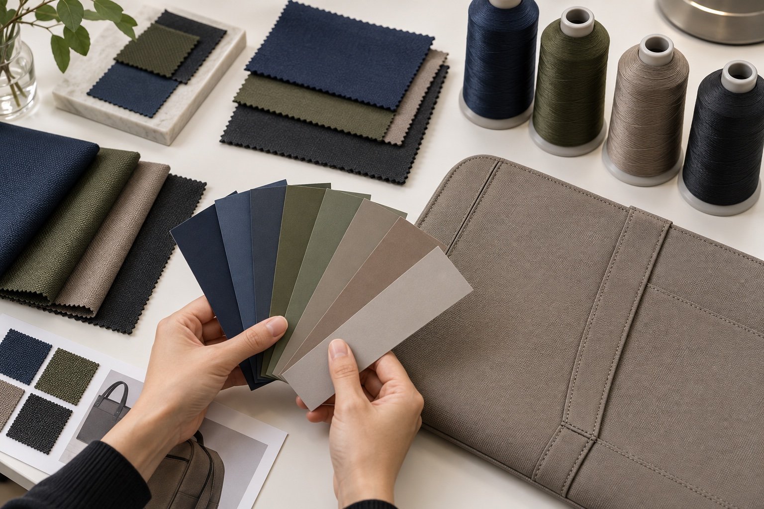 Color swatches being compared with bag fabrics and thread