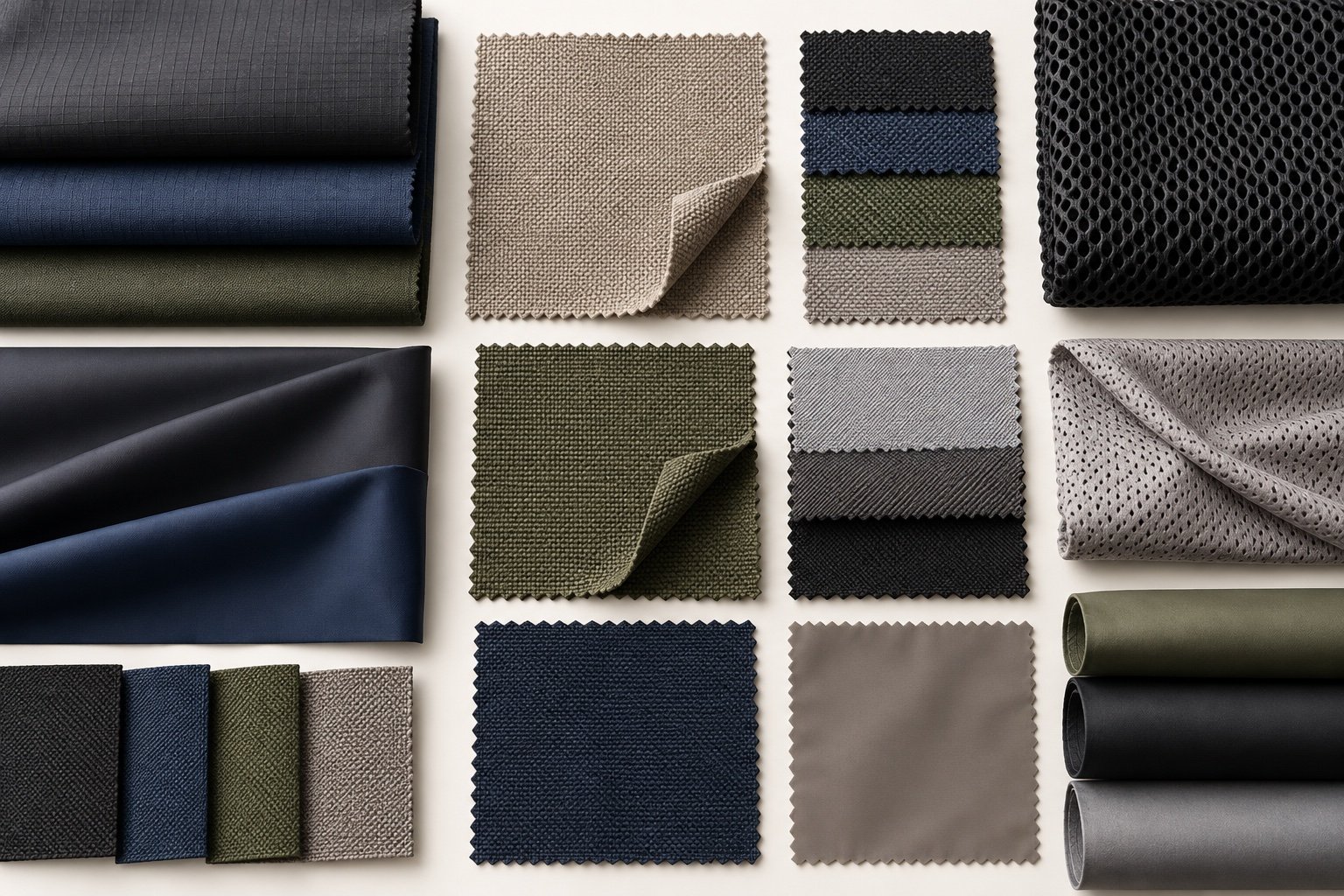 Premium fabrics arranged for custom bag development