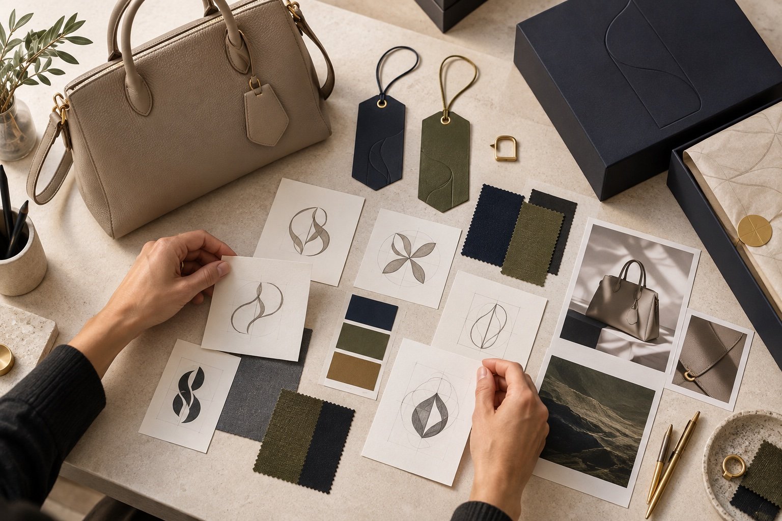 Designer arranging brand artwork, material colors and bag packaging