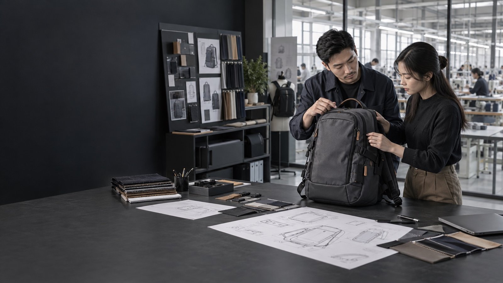 MAZ Outdoor product team reviewing a custom backpack