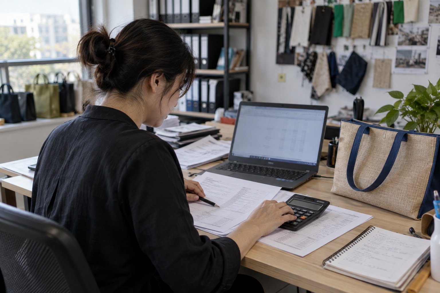 Purchasing manager reviewing commercial documents for a bag order