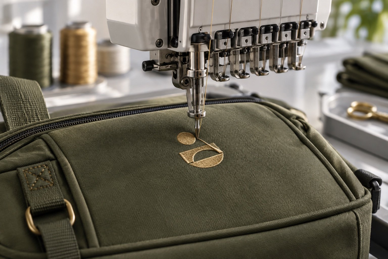 Embroidery machine applying a custom mark to bag fabric