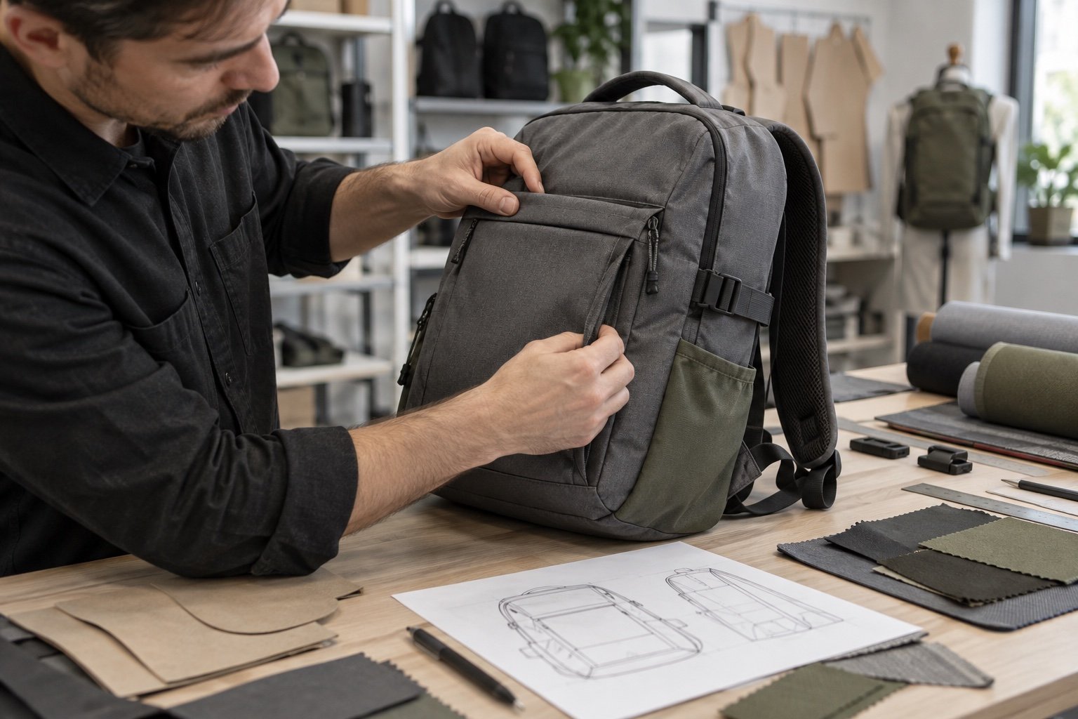 Developer reviewing a physical backpack prototype
