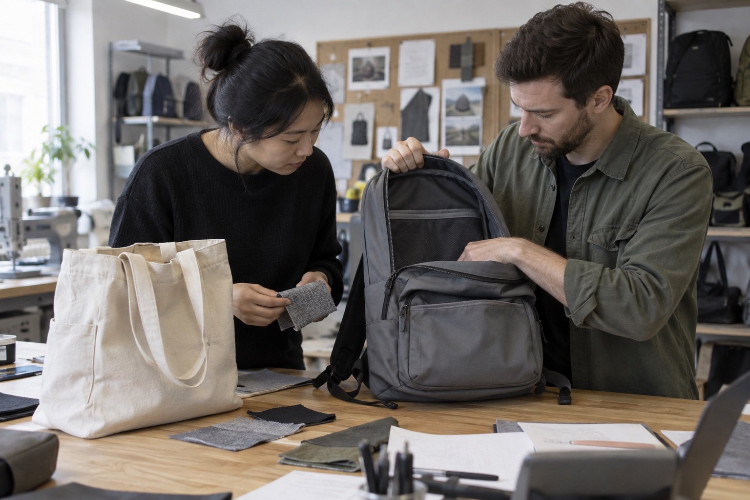 Buyer and factory specialist reviewing a backpack sample