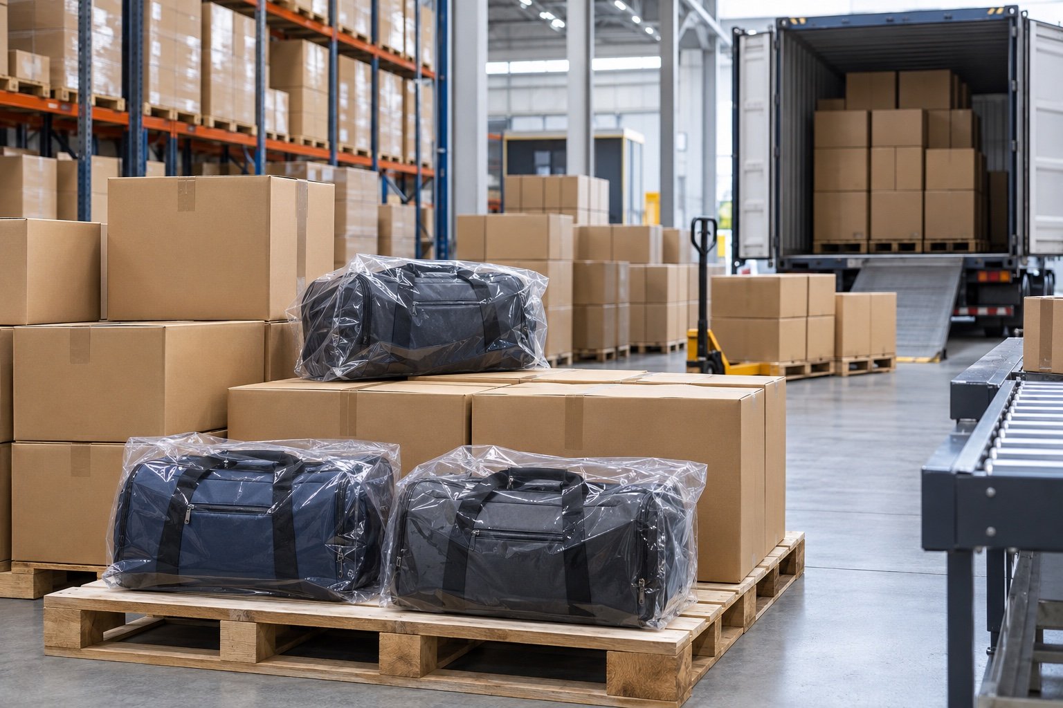 Finished bags and cartons prepared for international shipment