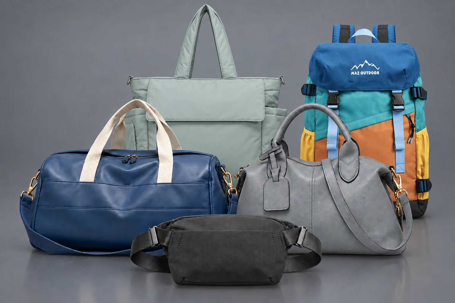 Custom shoulder tote, MAZ Outdoor color-block backpack, navy travel duffel, grey handbag and black waist bag