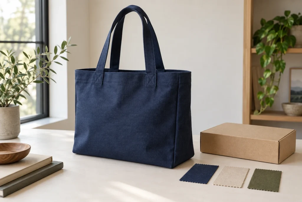 Navy tote bag with fabric swatches and a plain kraft box on a worktable