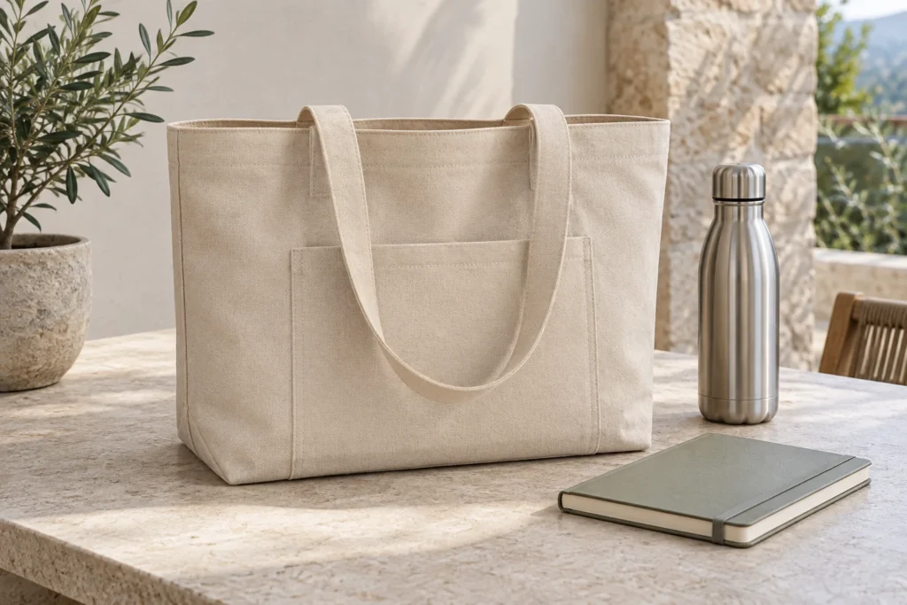Sand-colored canvas tote with a front pocket beside a notebook and steel bottle