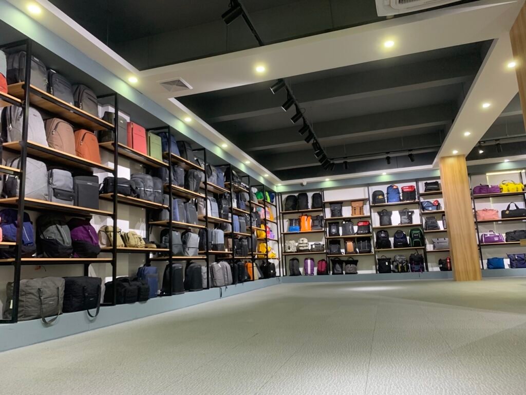 MAZ Outdoor showroom displaying a broad range of finished bags