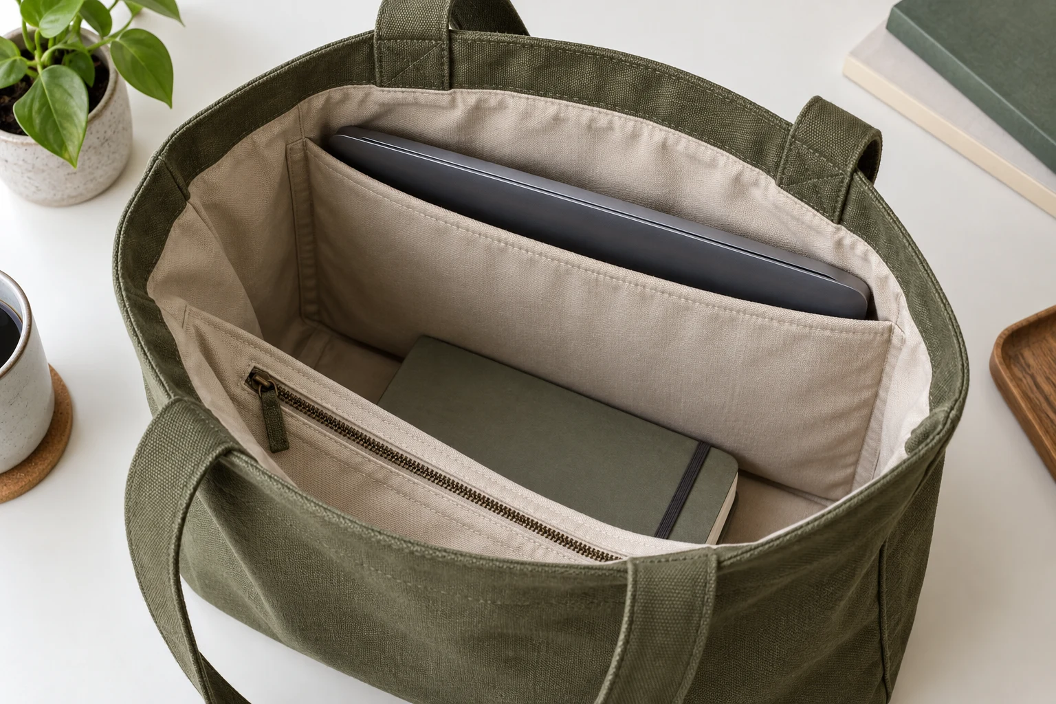 Olive tote interior with beige lining, a laptop divider, zipped pocket and notebook