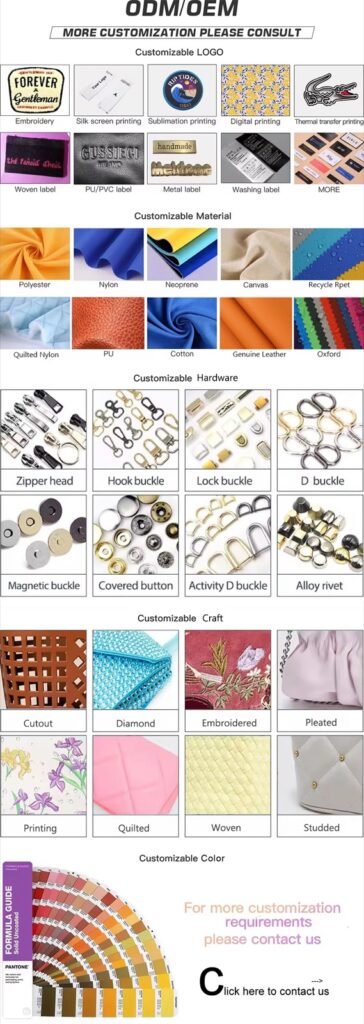 OEM and ODM customization options for logos, materials, hardware and colors