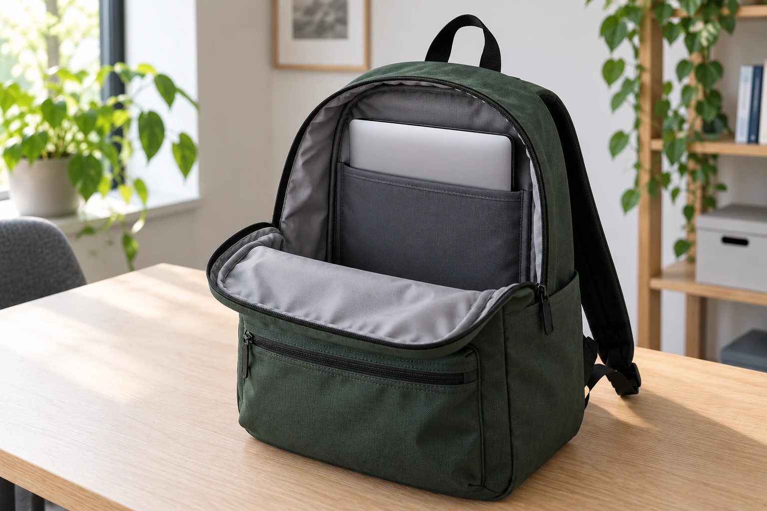 Open forest-green backpack showing a silver laptop inside a padded internal sleeve