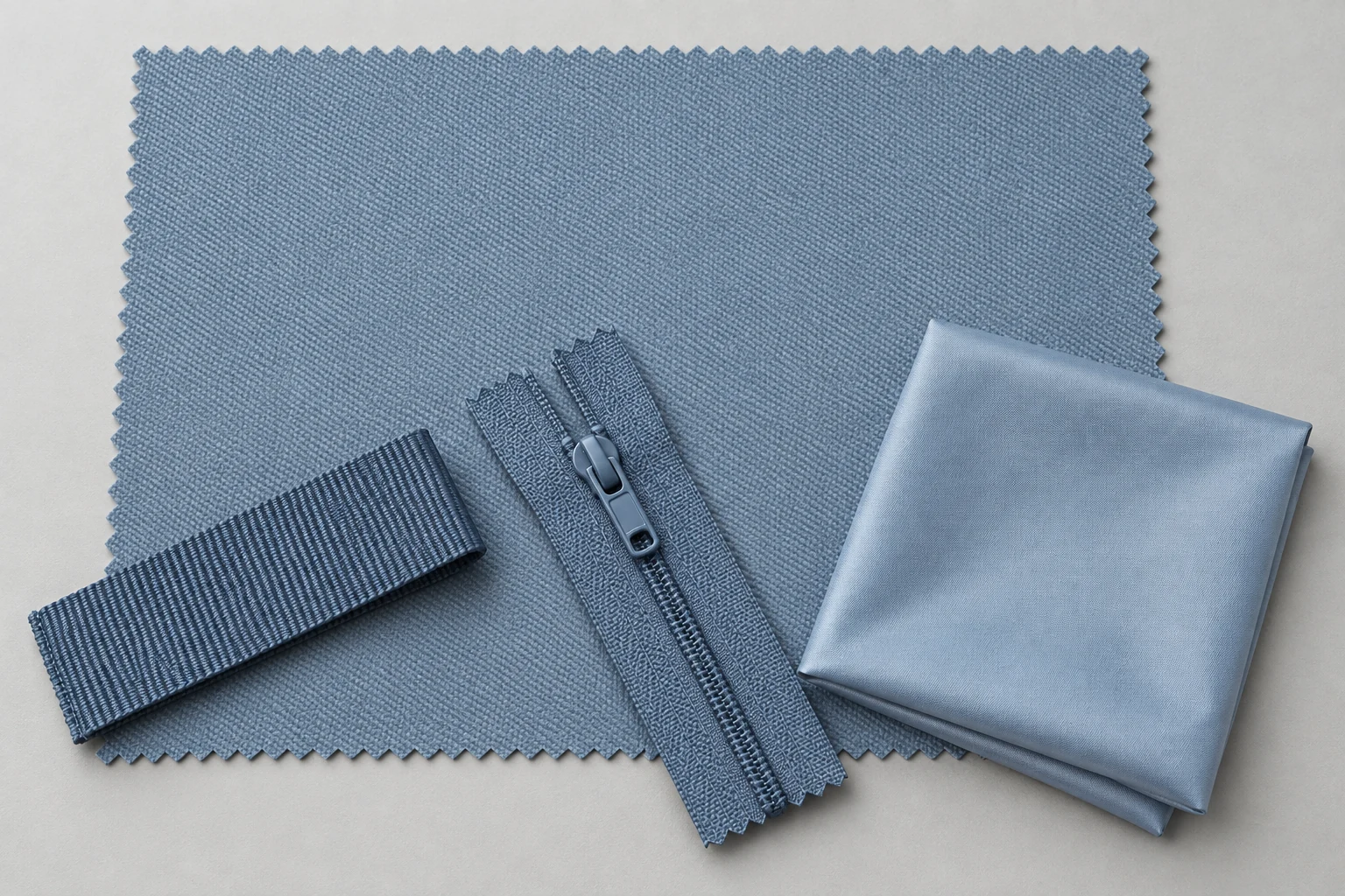 Blue shell fabric with a darker webbing strip, a closed zipper and a folded lighter lining swatch