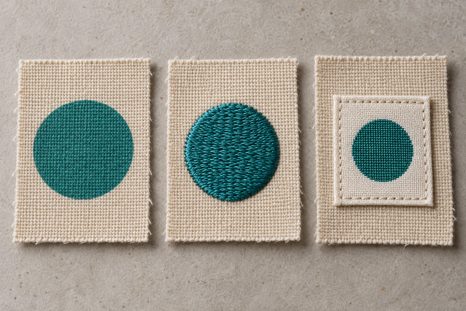 Three oatmeal fabric samples with a flat teal circle, a raised stitched circle and a sewn rectangular label.