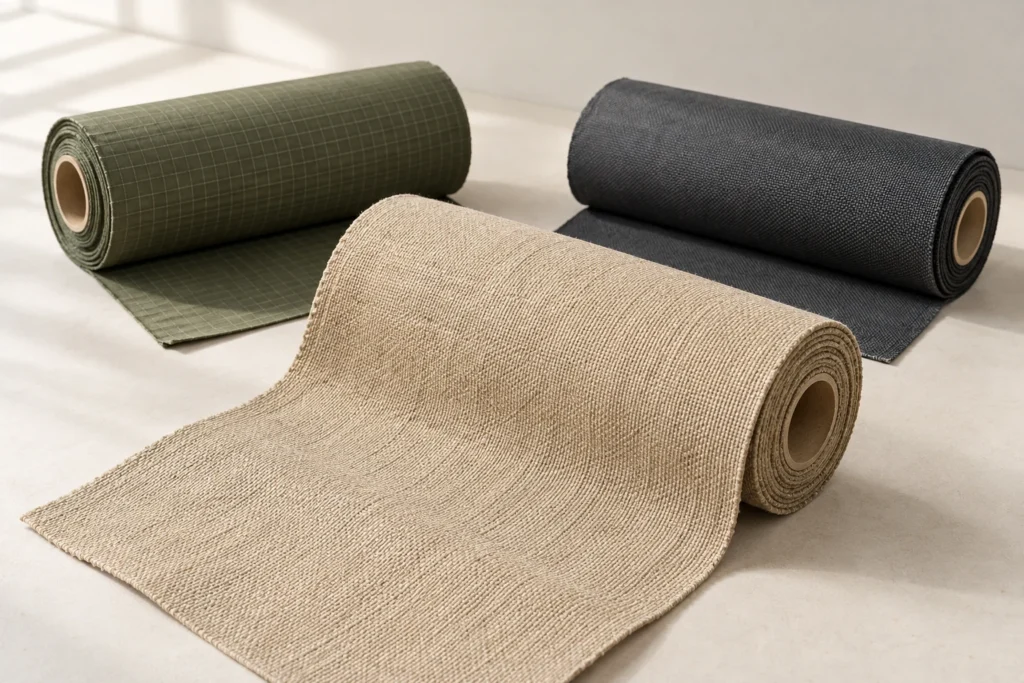 Sand woven fabric, olive grid-pattern fabric and charcoal fabric rolls on a light review table
