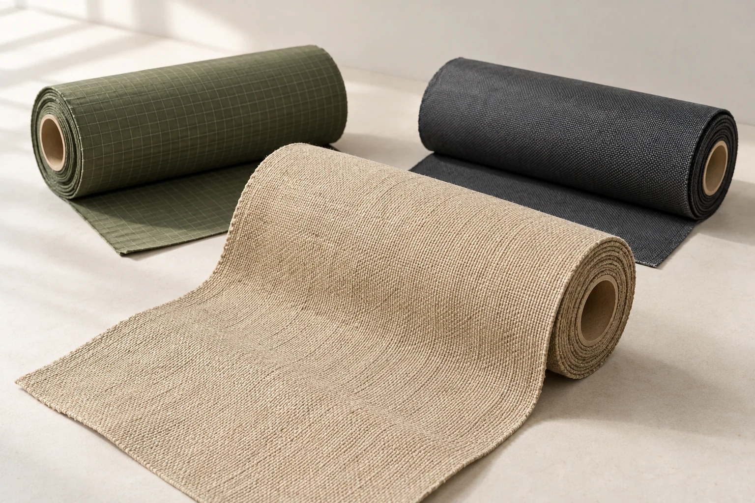 Sand woven fabric, olive grid-pattern fabric and charcoal fabric rolls on a light review table