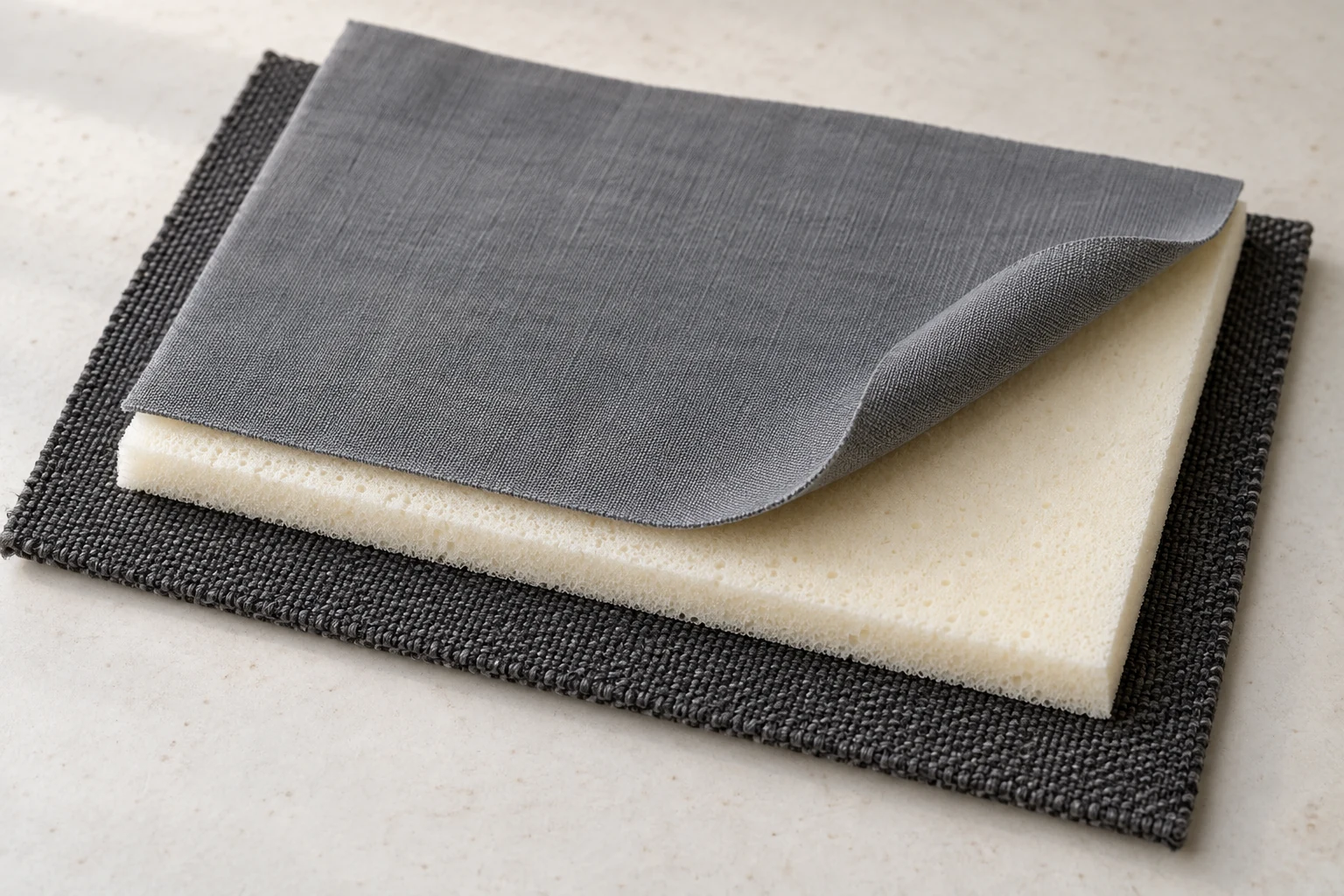 Slate-gray woven lining folded back beside a cream foam layer and charcoal outer fabric on a sample table