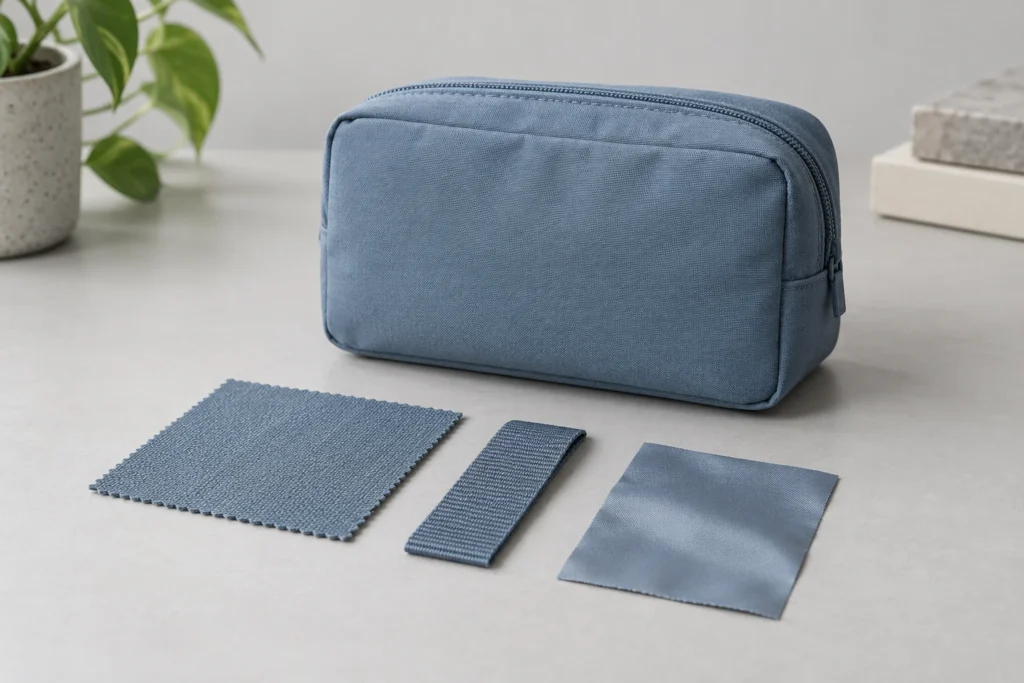 Dusty blue organizer pouch beside woven shell fabric, ribbed webbing and smooth lining swatches