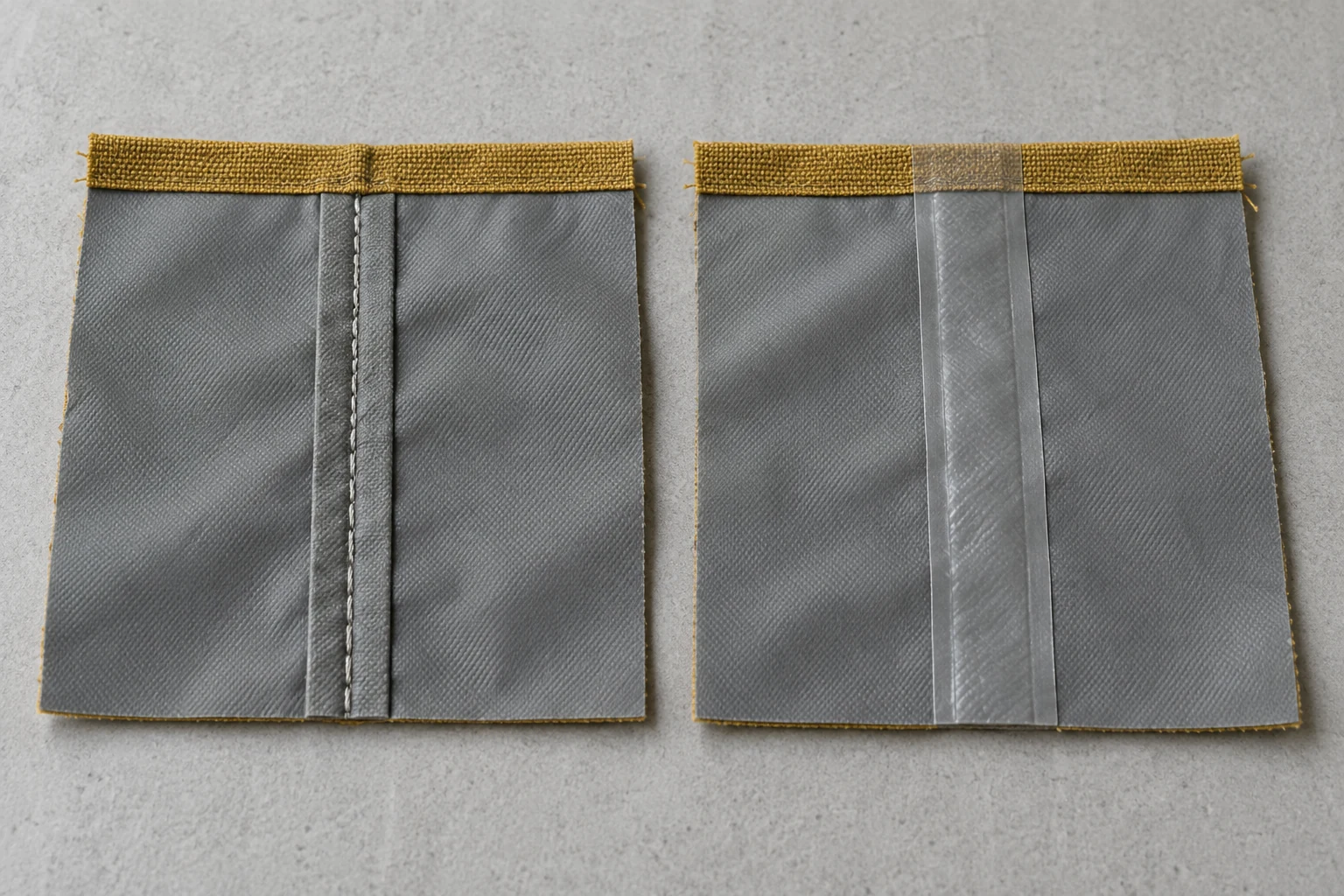 Two coated fabric seam samples, one with exposed stitching and one covered by translucent seam tape