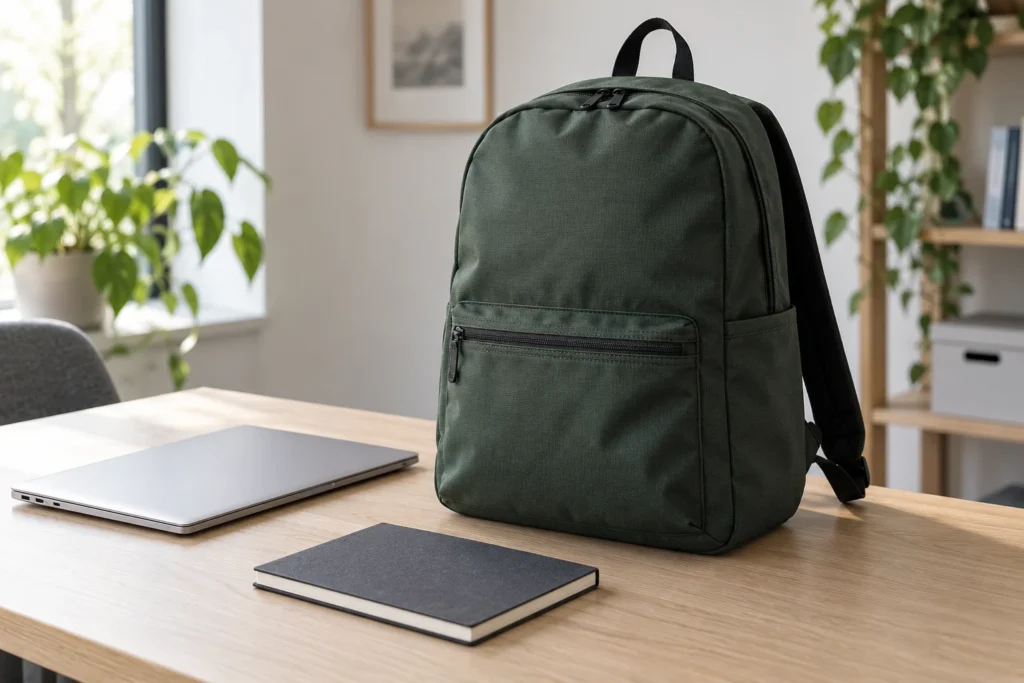 Forest-green commuter backpack beside a closed silver laptop and charcoal notebook on a wooden desk