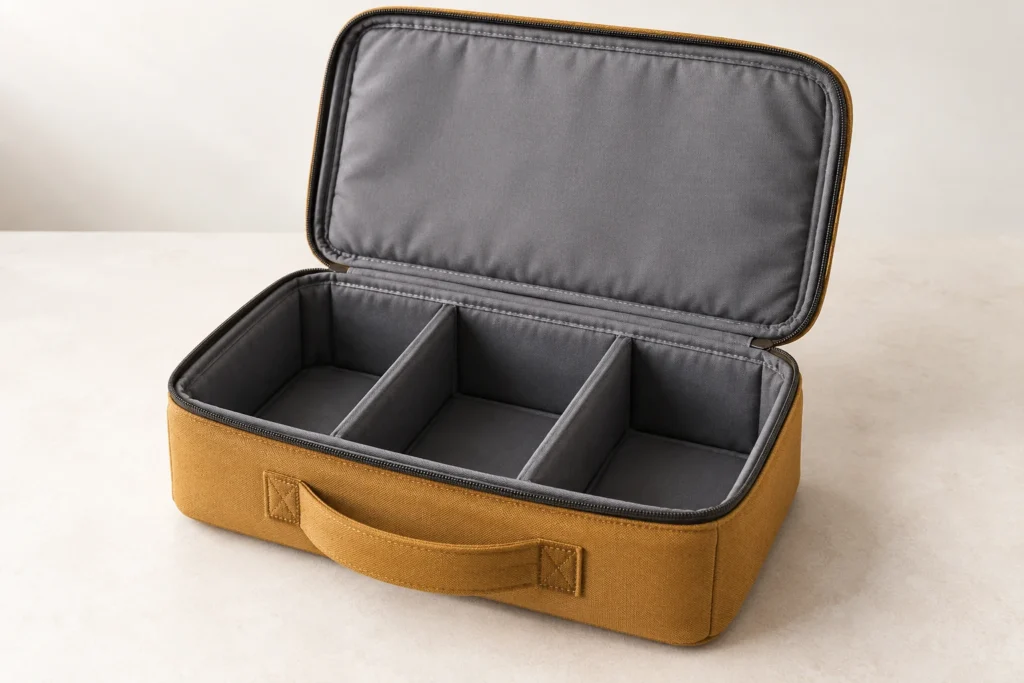Open amber carry case with a gray fabric-lined interior and three empty padded compartments