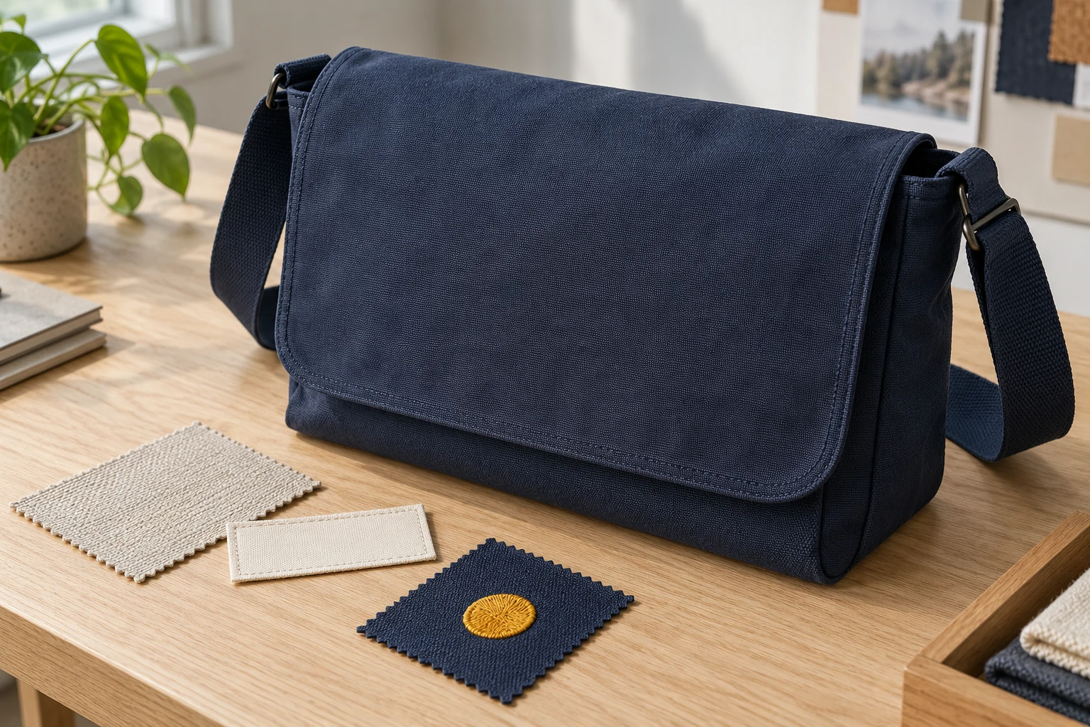 Navy messenger bag with a blank front flap beside fabric, a cream label and a yellow stitched sample.