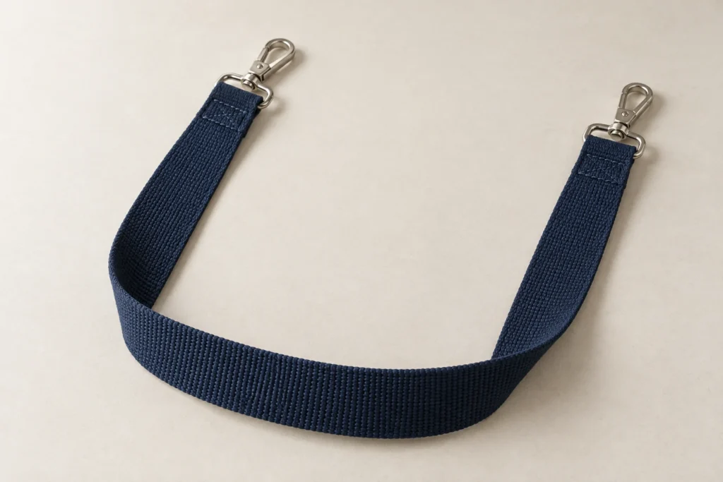 Navy woven shoulder strap laid in a loose U shape with a silver snap hook at each end