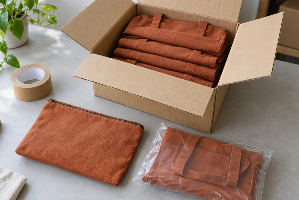 Open carton of folded rust canvas totes beside a zip pouch and an individually sleeved tote