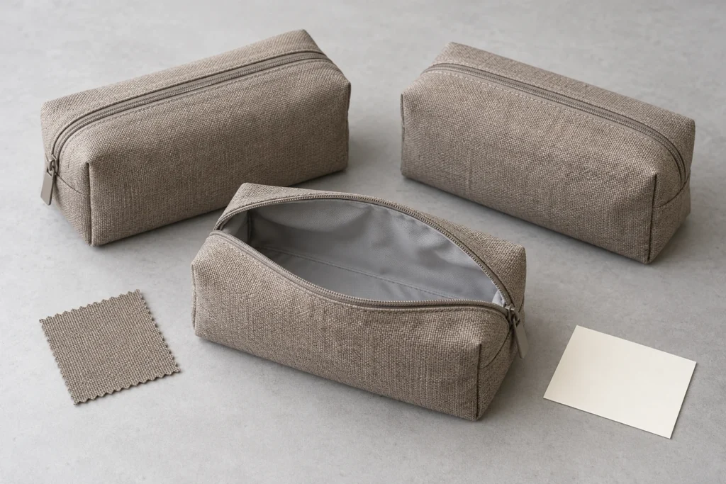 Three taupe utility pouches on a light inspection table, with one pouch open to show its gray interior