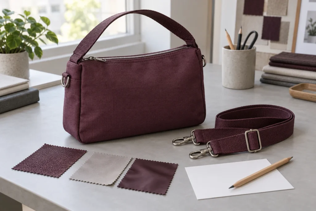 Burgundy shoulder bag sample with a detached strap and fabric swatches on a development workbench