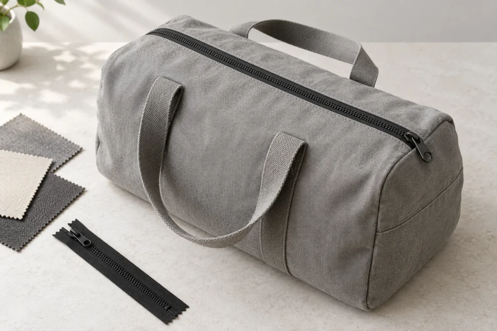 Grey canvas duffel with a black top zipper beside fabric swatches and a separate zipper sample.