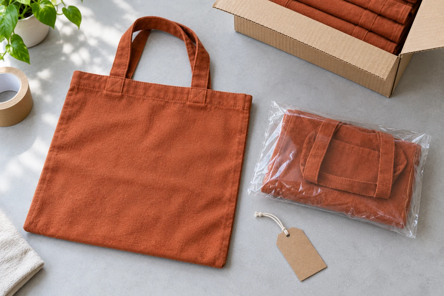 Unpacked rust canvas tote beside a folded tote in a clear sleeve and a blank hangtag