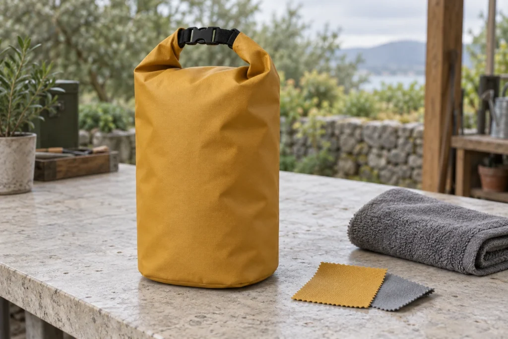 Ochre roll-top bag with a black buckle beside coated fabric swatches on a dry workbench